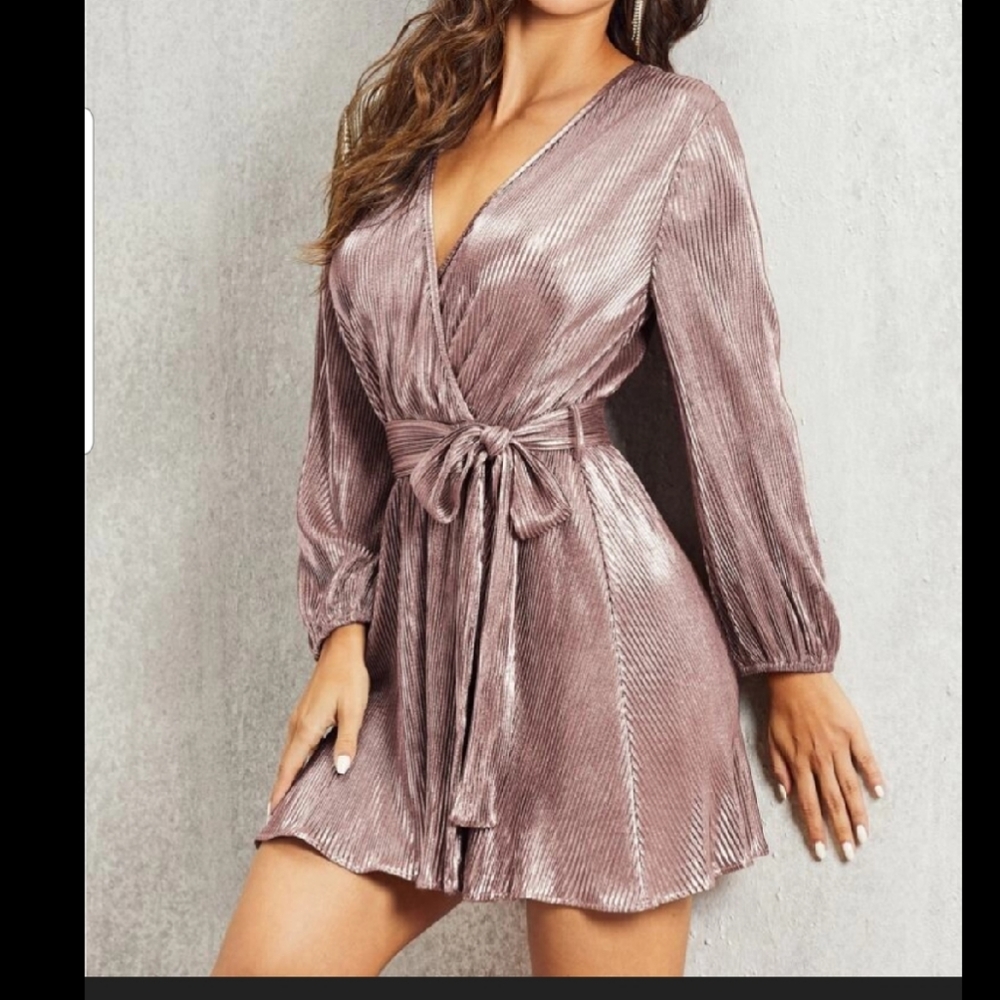 Surplice Neck Pleated Belted Dress